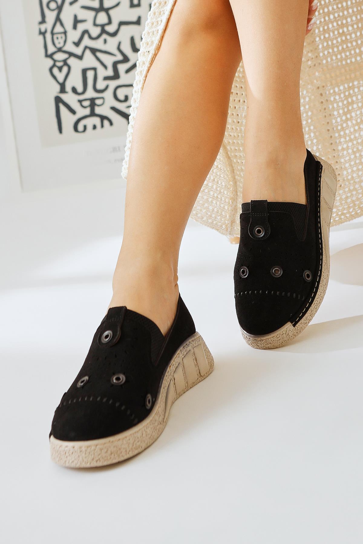 Bethina Black Suede Rivet Detailed Laser Perforated Ballerinas