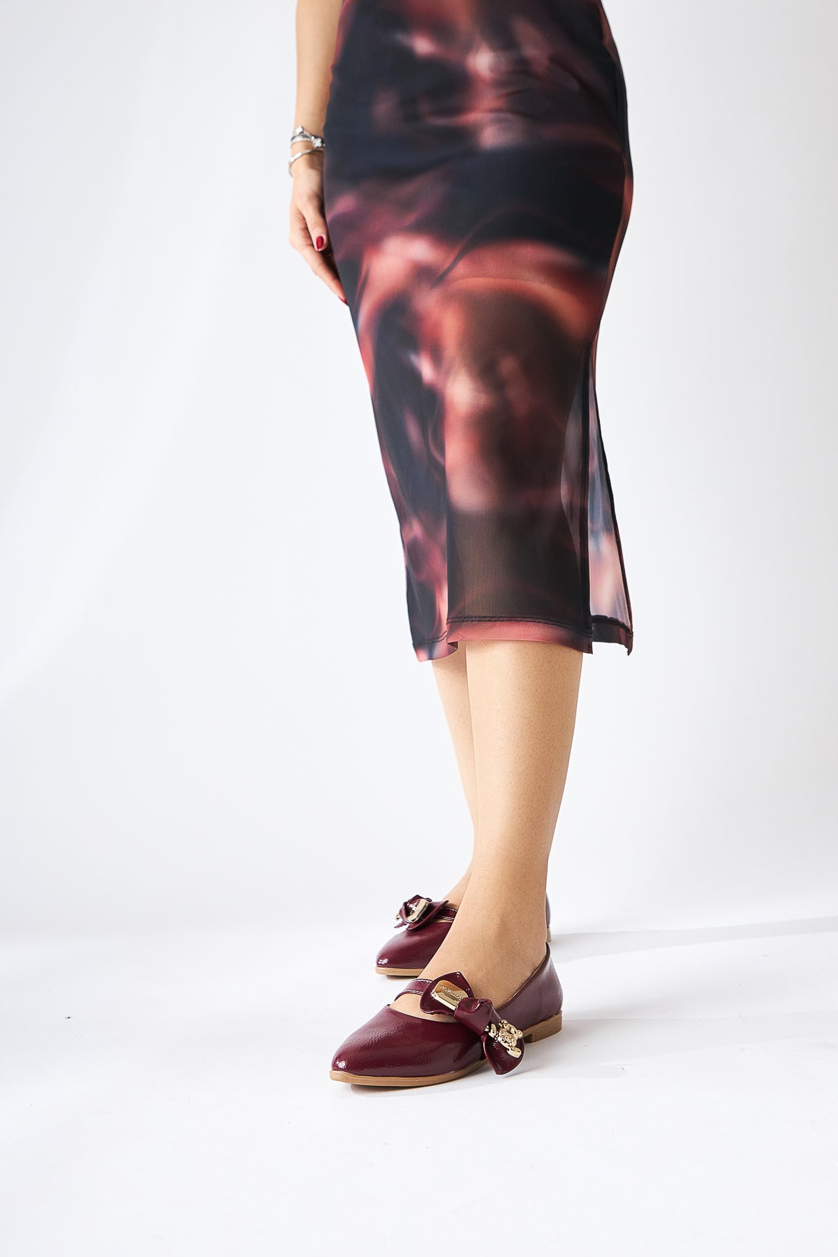 Joselin Claret Red Wrinkled Patent Leather Bow Accessory Ballerinas