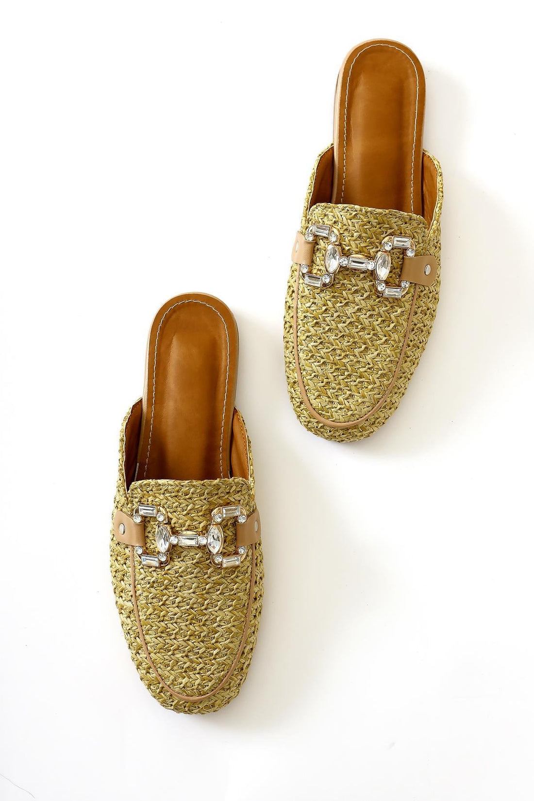 Benny Straw Slippers with Ten Stone Buckle Detail