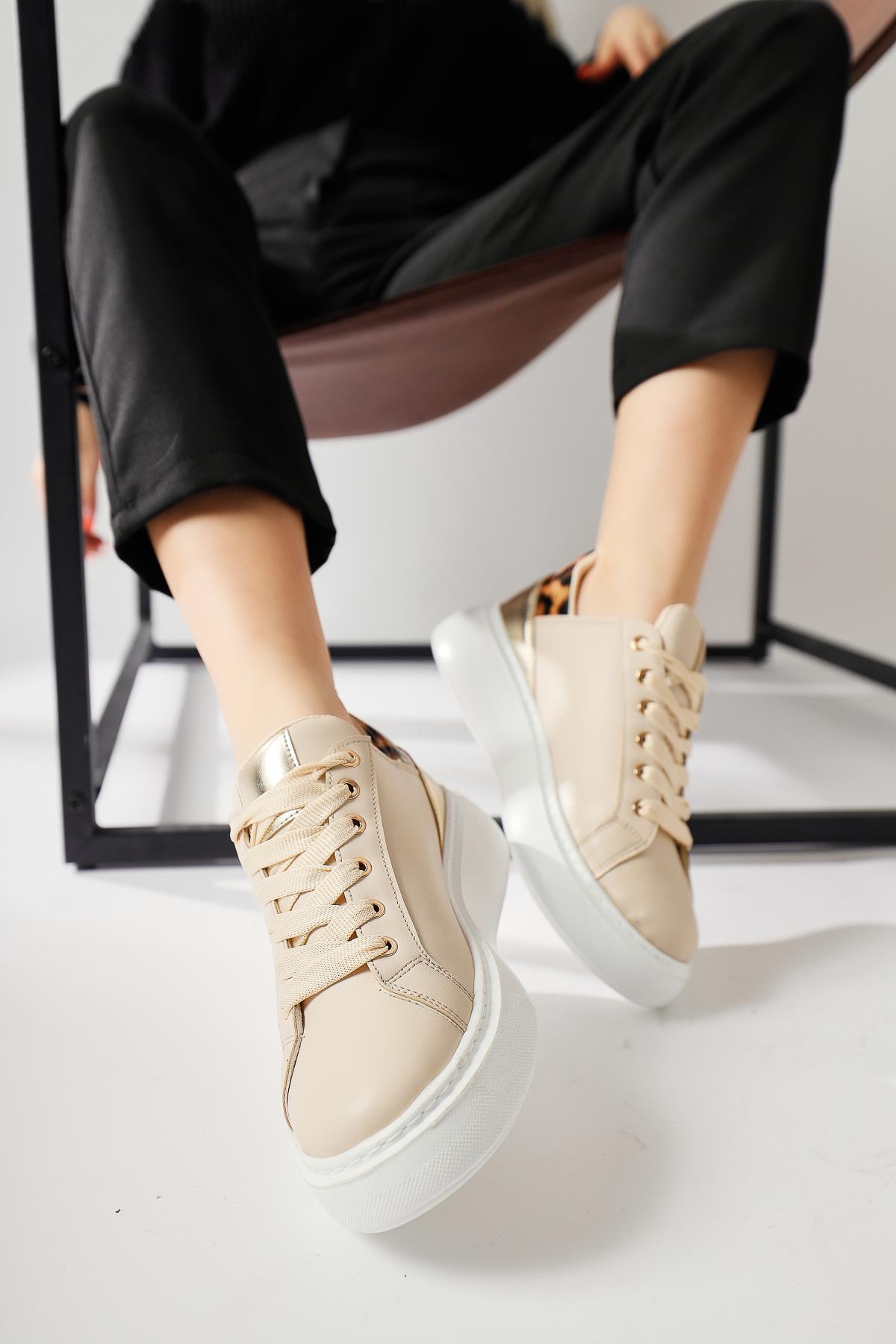 Tinka Cream Thick Soled Leopard Detail Sneakers