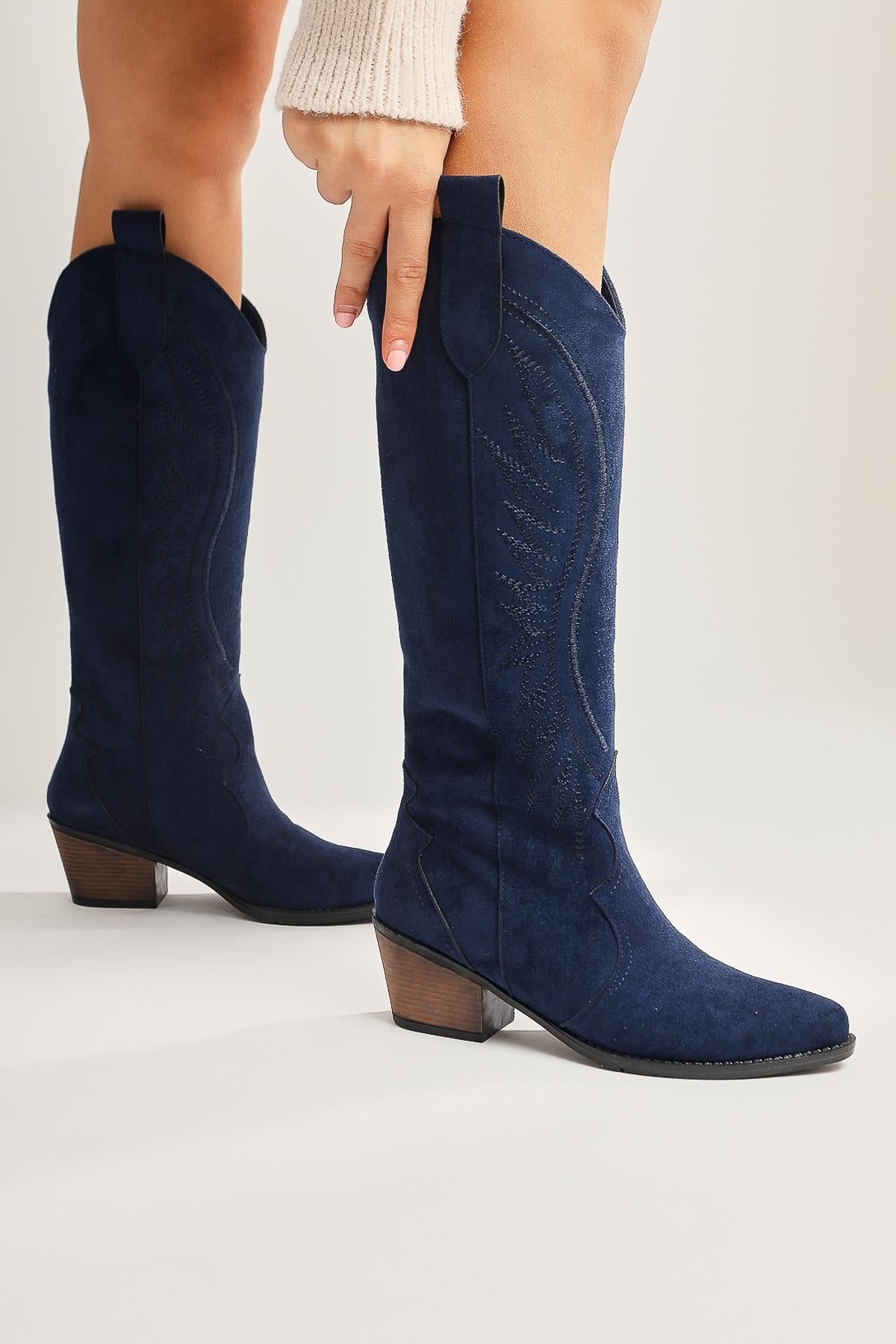 Hero Navy Suede Embroidered Cowboy Boot