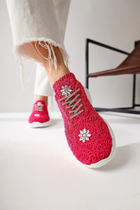 Matty Fuchsia Stone Detailed Knitted Sneakers
