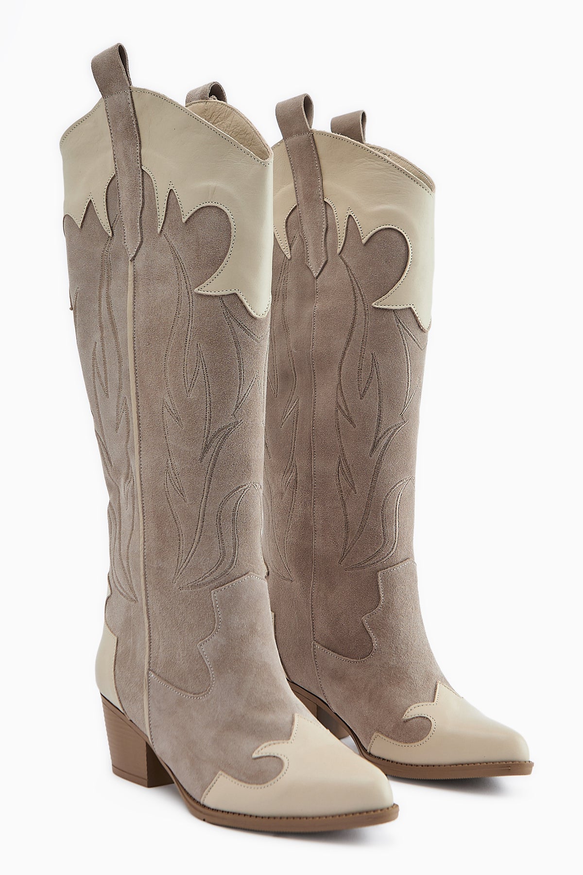 Lara Genuine Leather Beige Suede Embroidered Leather Detailed Heeled Western Boot