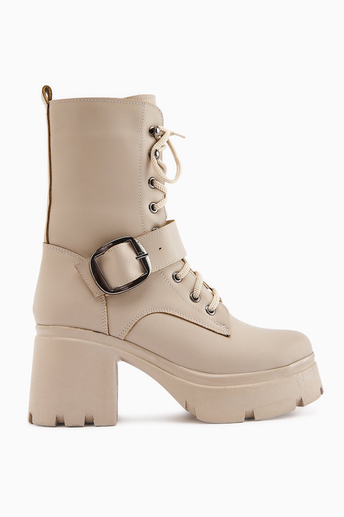 Caklin Women's Beige Platform Heeled Boot with Belt Detail