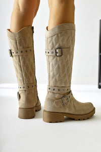 Carma Beige Suede Belt Detailed Quilted Stitch Boots