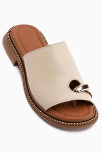 Johny Echtes Leder Beige Zehentrenner Damen Pantoletten