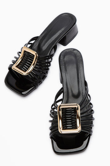 Greta Schwarze Lackleder Dicke Schnalle Niedriger Absatz Damen Hausschuhe