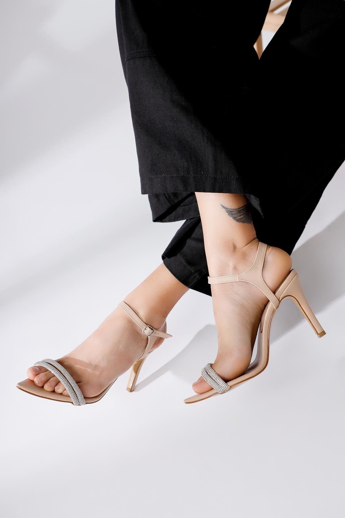Leigh Beige Stone Detailed Heeled Sandals