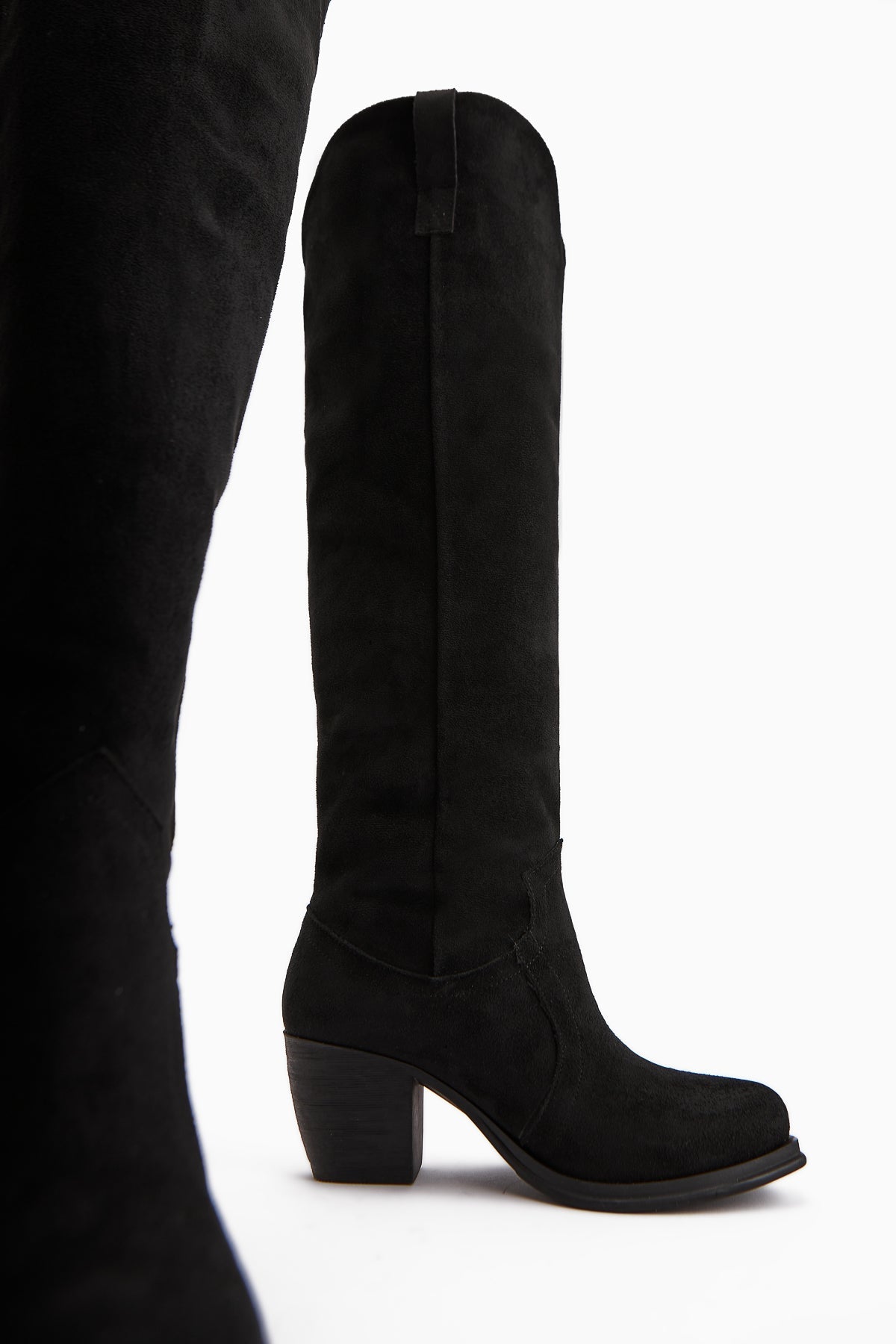 Leya Black Suede Heeled Boot without Zipper