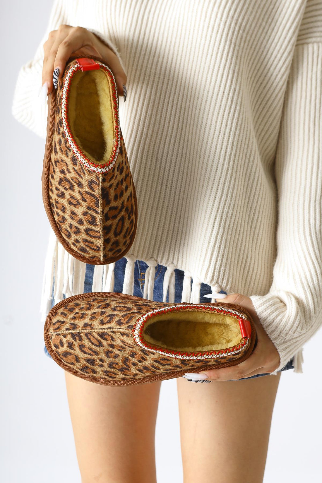 Anne-Liis Leopard Patterned Suede Woven Detailed Winter Slippers