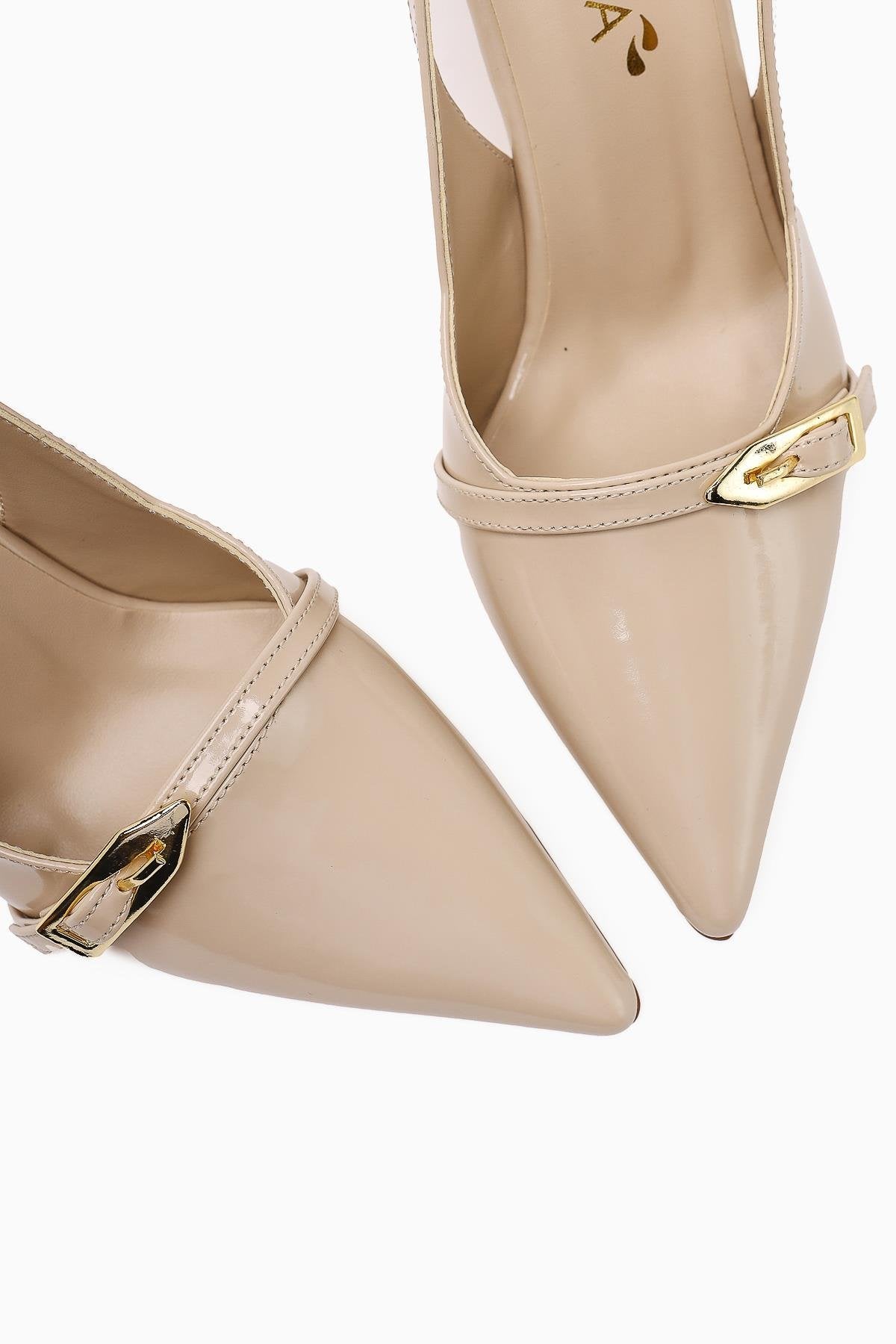 Camillas Beige Patent Leather Pointed Toe Buckle Detailed Women's High Heel Shoes