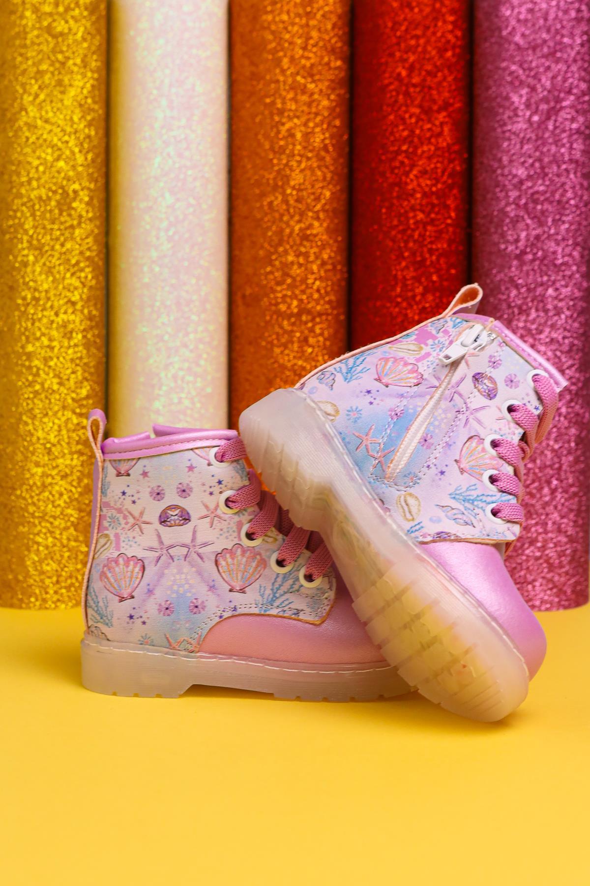 Gifty Lila Meeresleben Druck Leuchtende Schnür-Baby-Stiefel