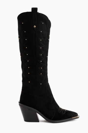 Elnora Black Suede Embroidered Women’s Boots