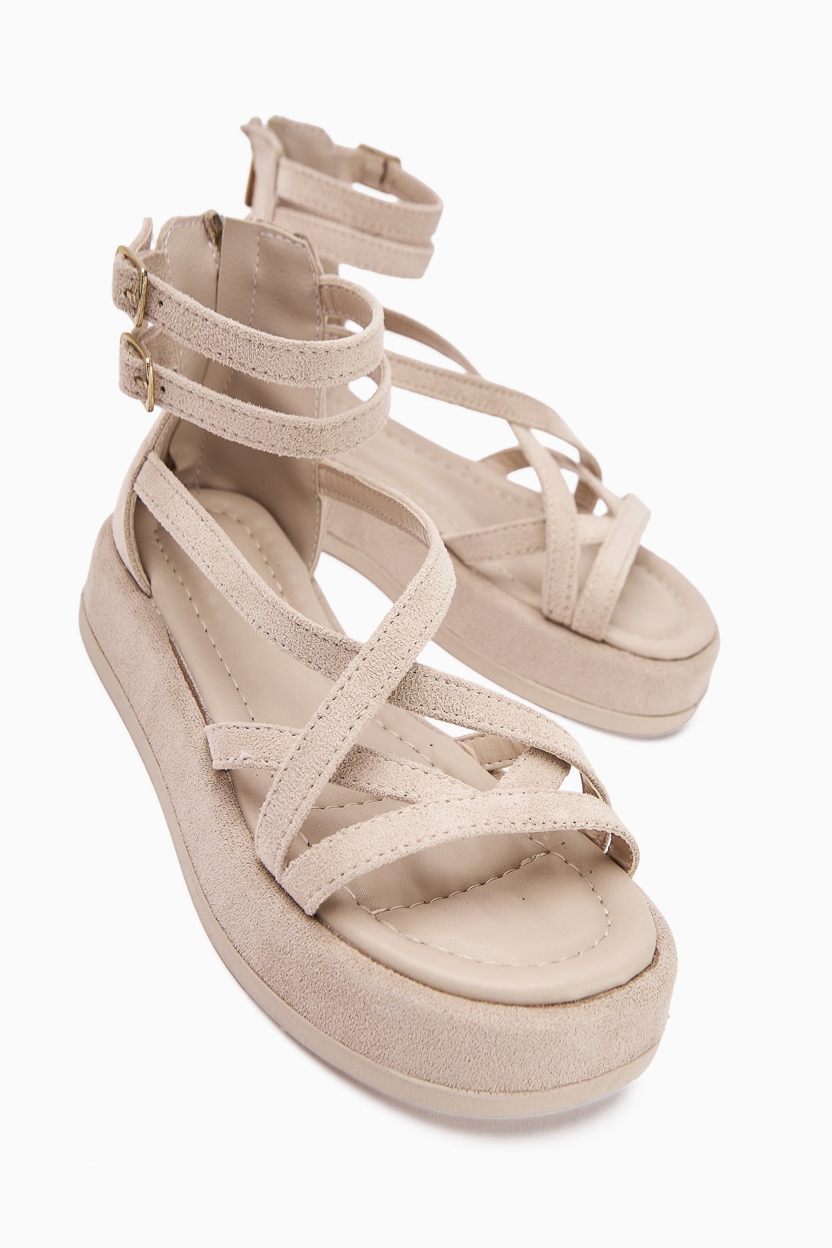 Sara Nude Wildleder Damen Sandale mit Kreuzriemen, Dicker Sohle, Knöchelschnalle