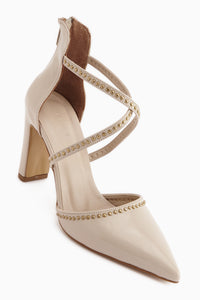 Neyla Beige Nieten Kreuzband Spitzzehen Damen Absatzschuhe