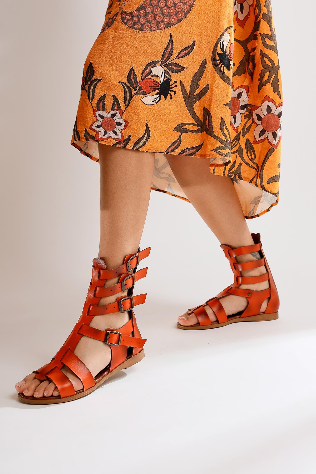 Miranda Echtes Leder Orange Reißverschluss Gladiator Sandale