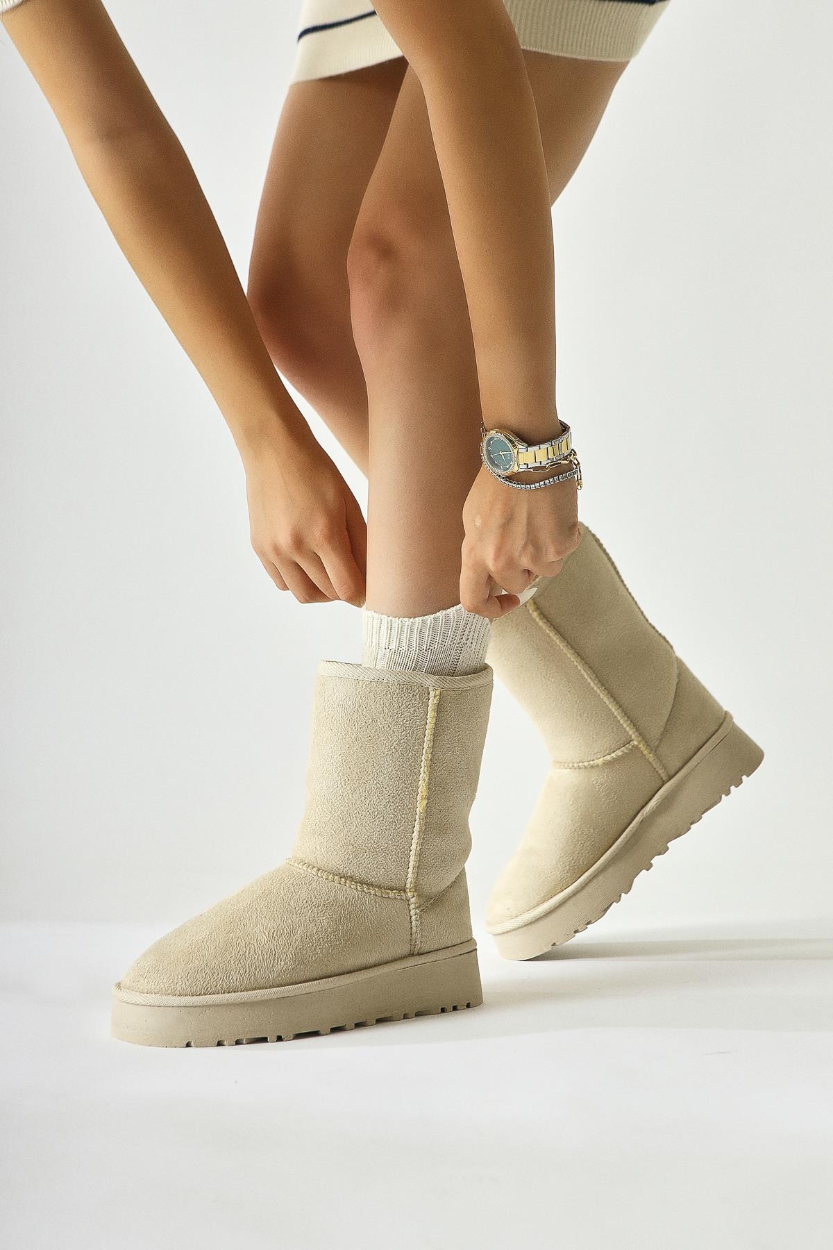 Lena-Birgitta Beige Suede Fur Lined Pull-On Boots