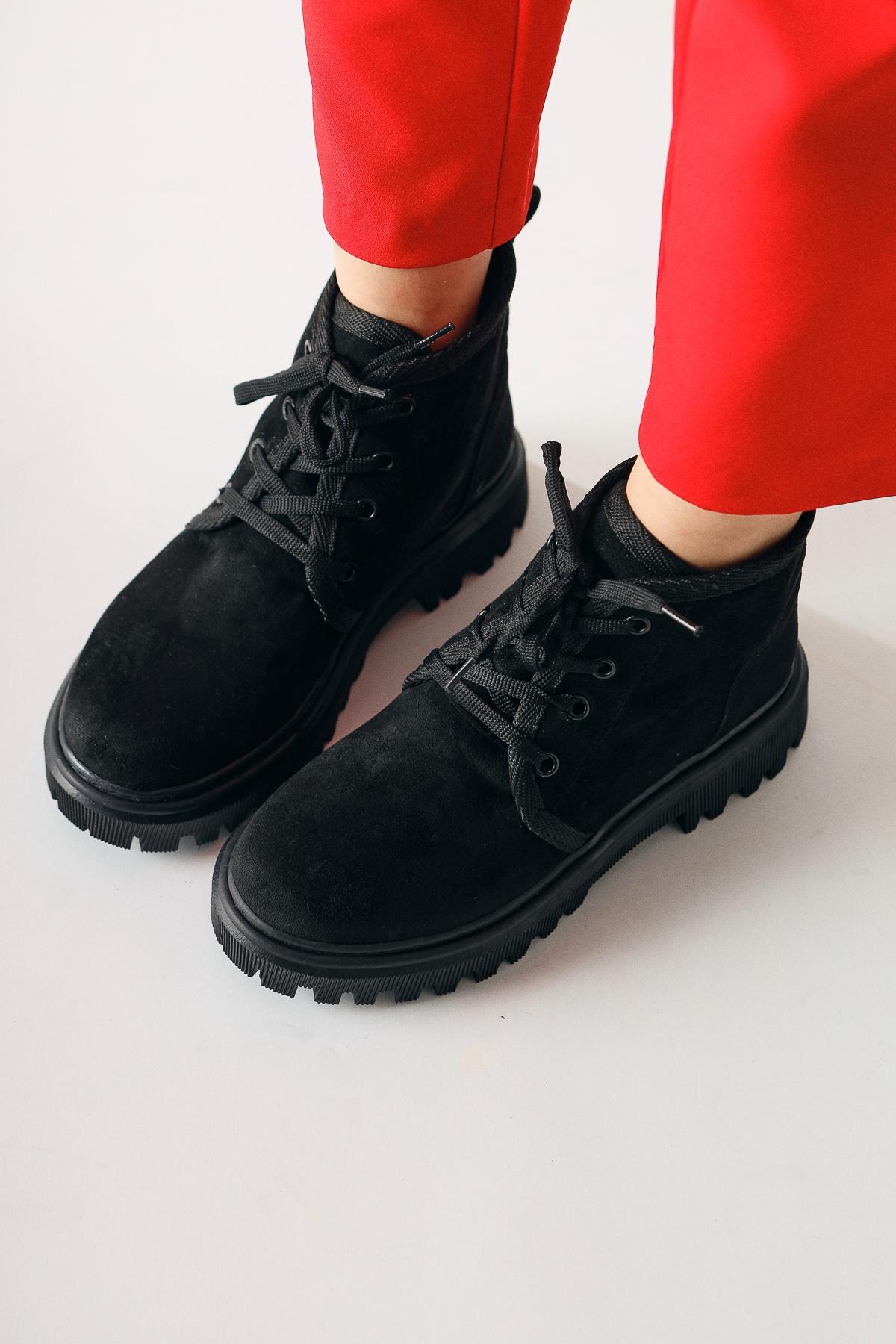 Venetia – Black Suede Oval-Toe Lace-Up Boot