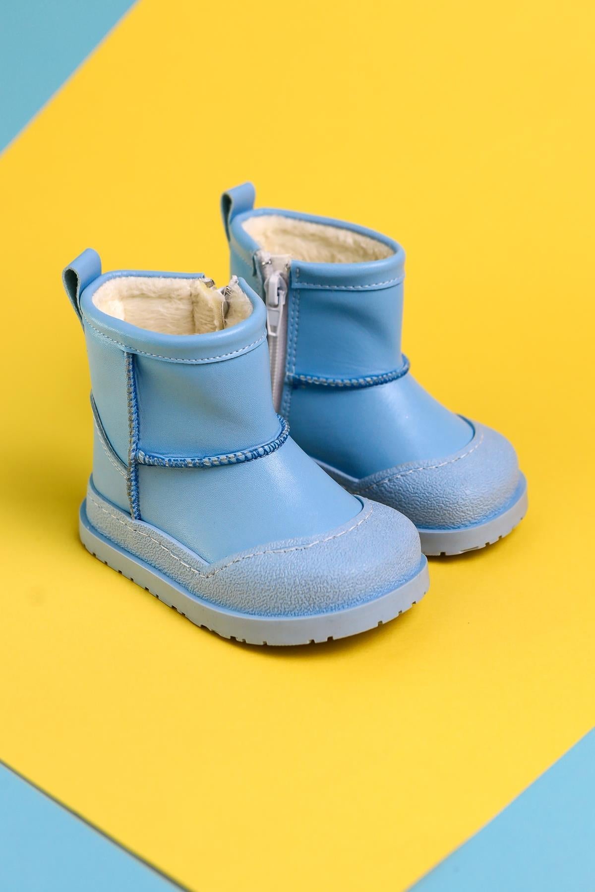 Gilla Blaue Umgekehrte Stich Detail Pelzgefütterte Baby Stiefel