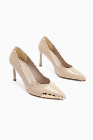 Lula Beige Patent Leather Metal Buckled Pointed Toe Women's Heels