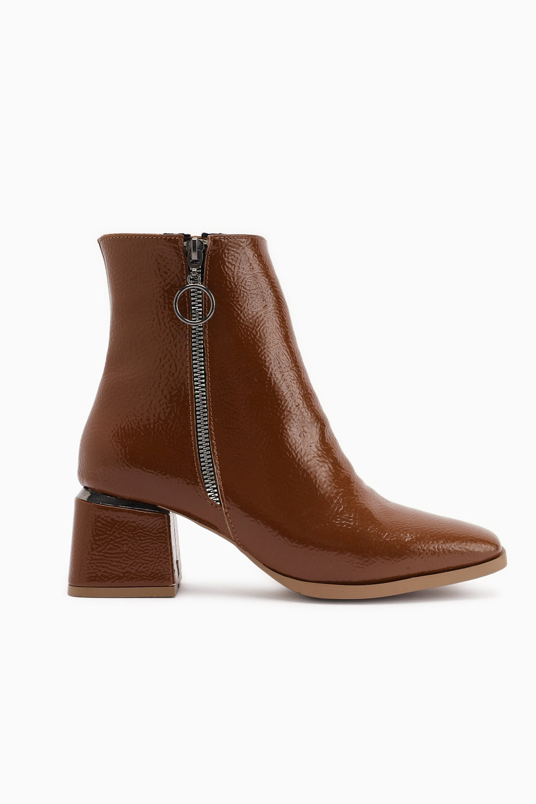 Deyana Tan Crinkled Lack Zipper Akzent Damen Stiefel
