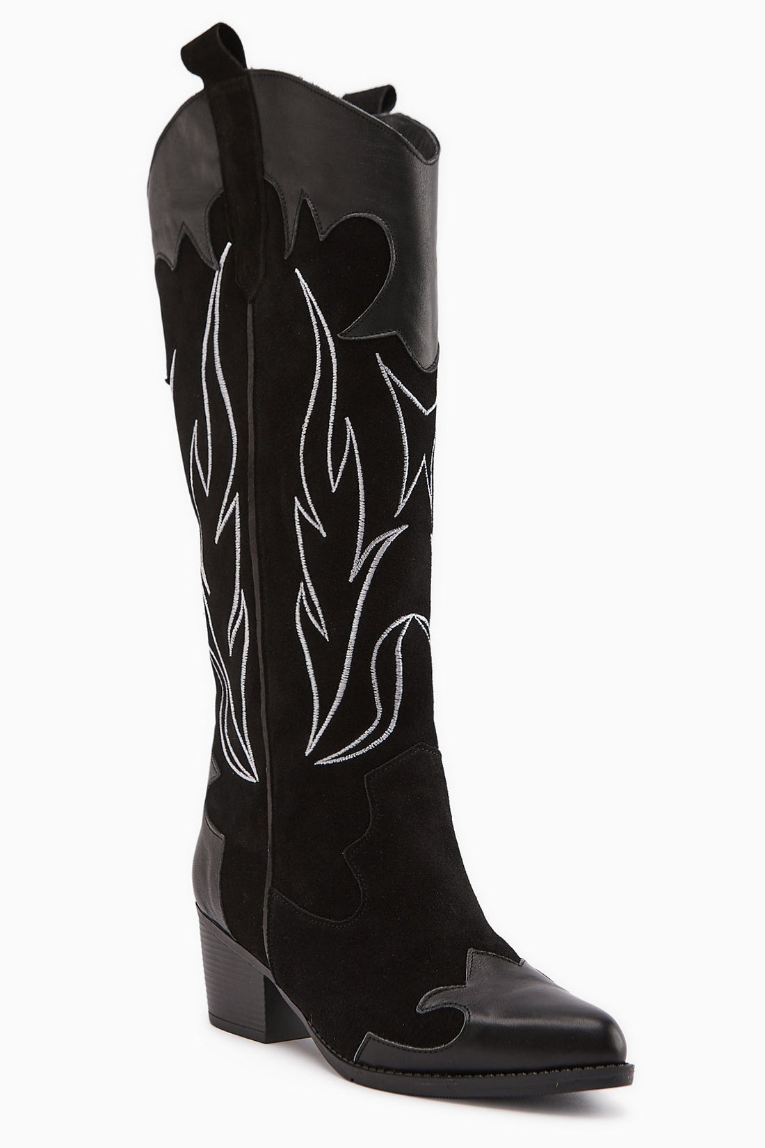 Lara Genuine Leather Black Suede Embroidered Western Boot with Leather Detail
