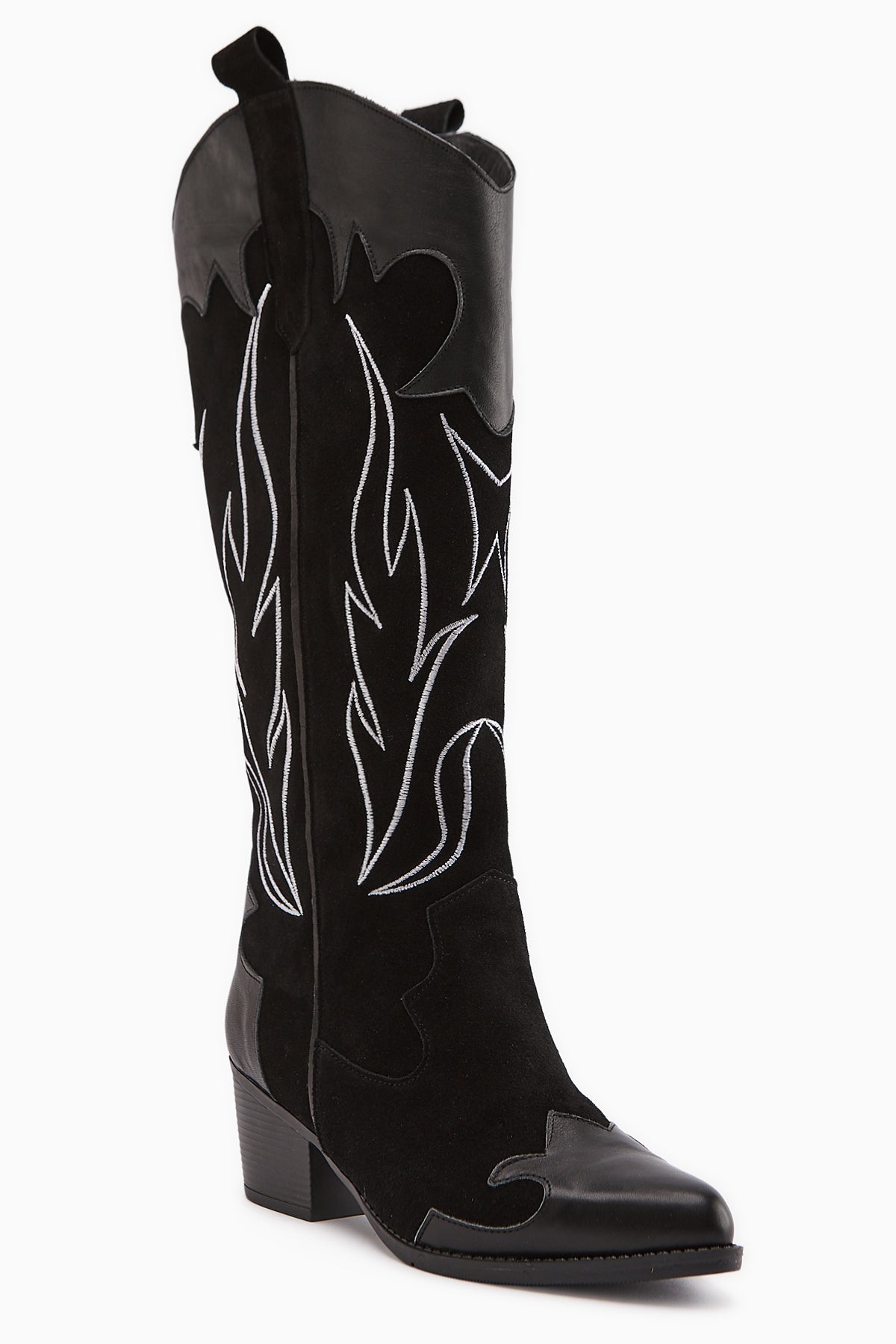 Lara Genuine Leather Black Suede Embroidered Western Boot with Leather Detail