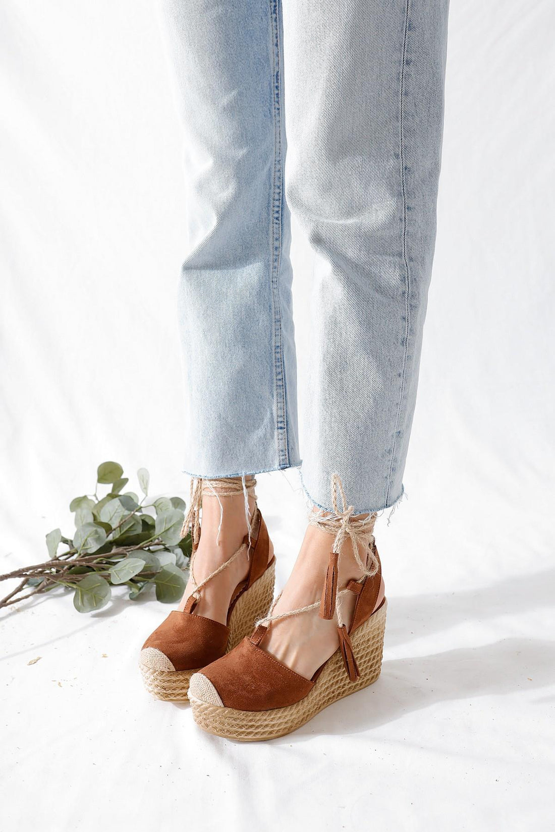 Bella Tan Suede Wedge-Soled Straw Ankle-Strap Sandals