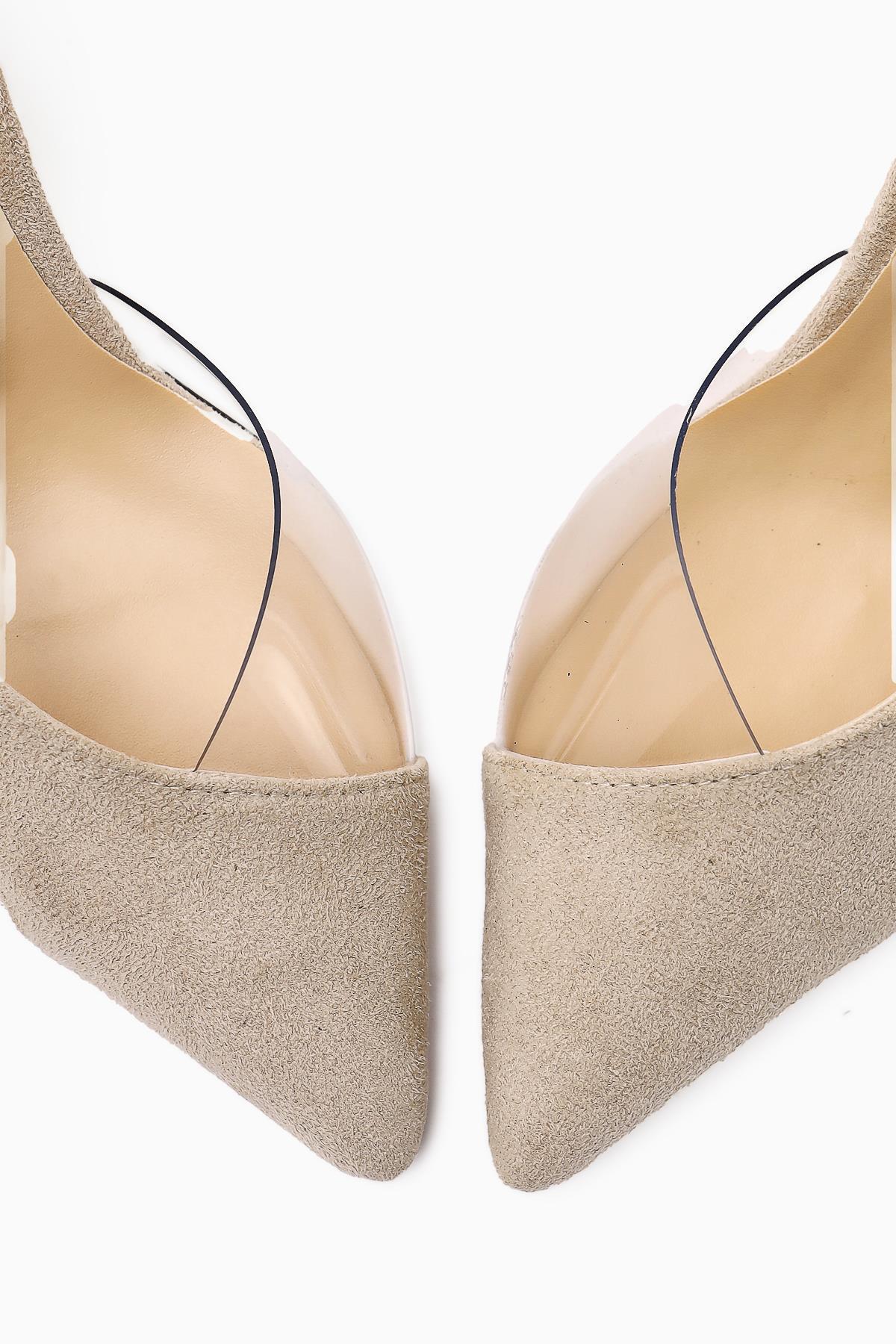 Aliah Beige Suede Pointed Toe Transparent Detail Thin Heel Women's Shoes