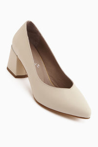 Echtes Leder Beige Dick Absatz Damen Schuhe