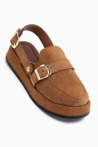 Gity Tan Wildleder Doppel Schnalle Damen Slingback Loafer Schuhe