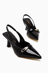 Camillas Black Patent Leather Pointed Toe Buckle Detailed Women's High Heel Shoes
