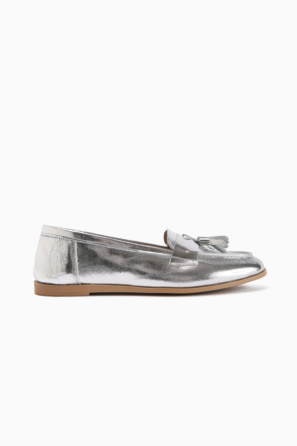 Doris Genuine Leather Metallic Silver Tasseled Women's Loafer