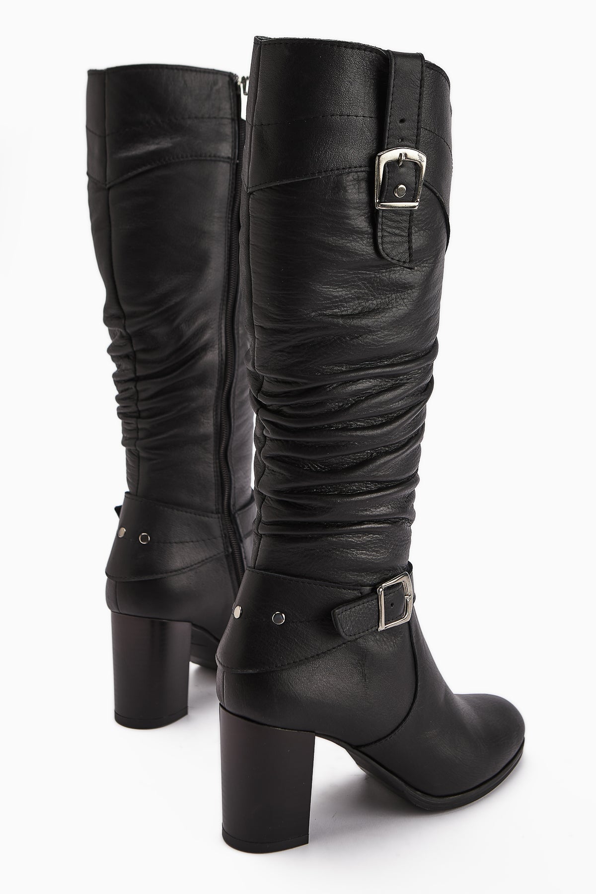 Ting Genuine Leather Black Buckle Detailed Women's Heeled Boot