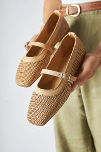 Remza Damen Ballerina mit Schnalle, Bequemer Alltagsschuh, Strohgewebte Textur