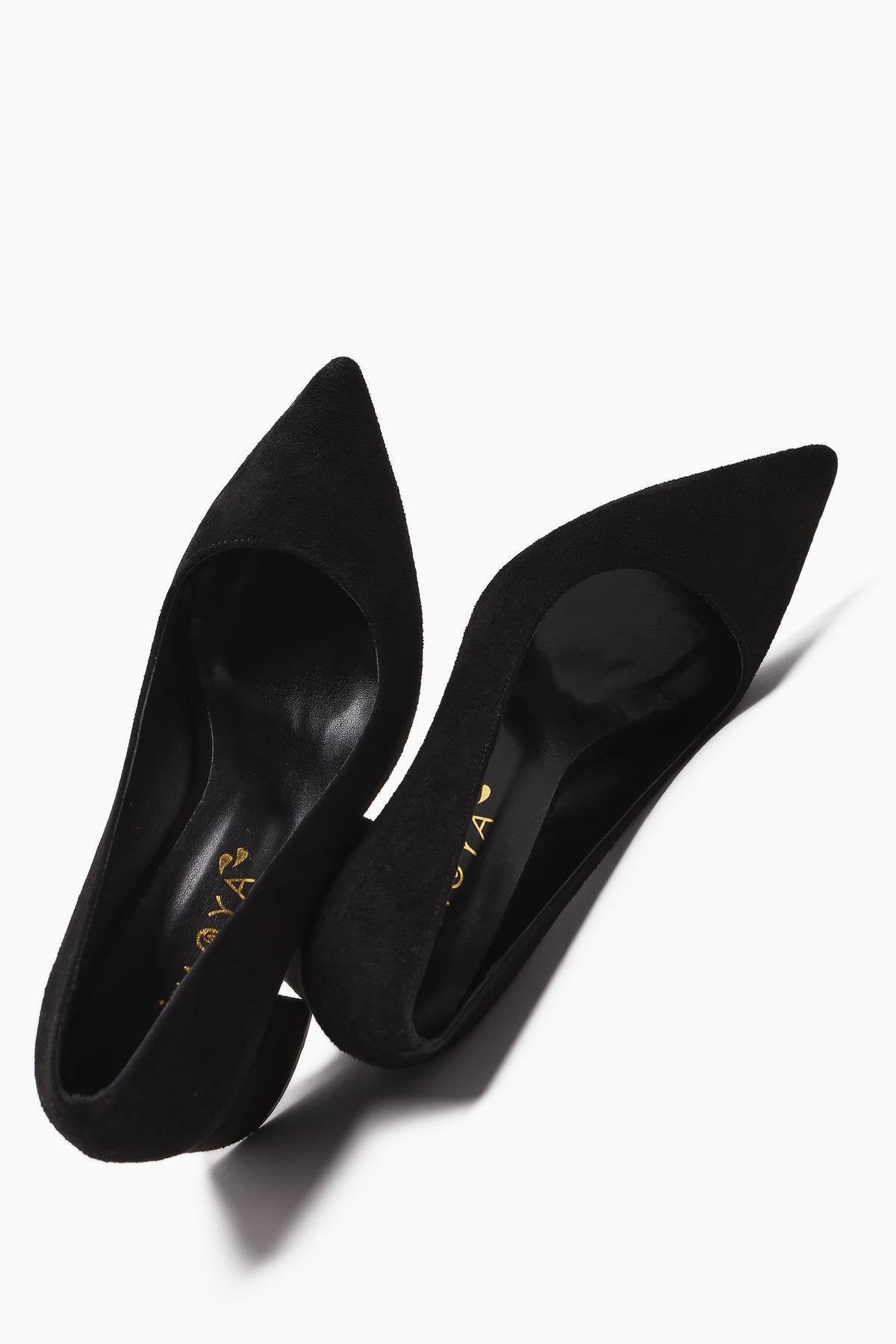 Angela Black Suede Pointed Toe Low Heel Women's Shoes