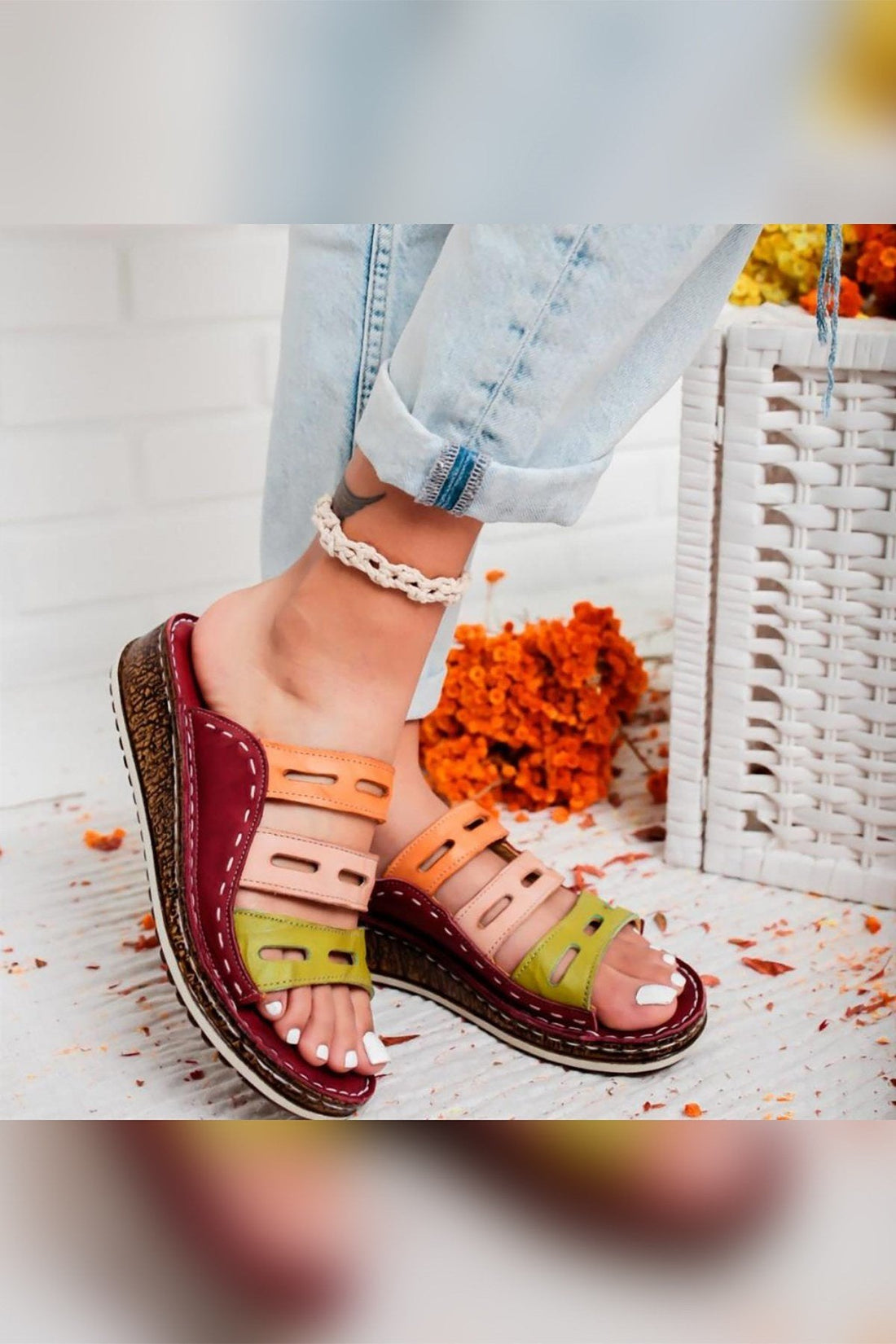 Joelle – Burgunder Grün Rosé Orange 100% Echtleder Slide mit Laser-Cut (Damen)