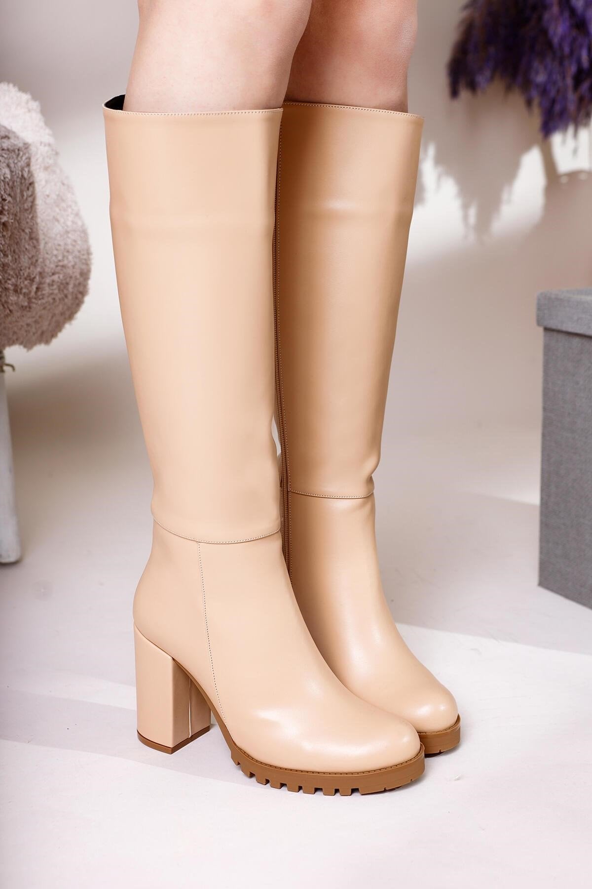 Elias Beige Zipper Platform Chunky Heel Boots