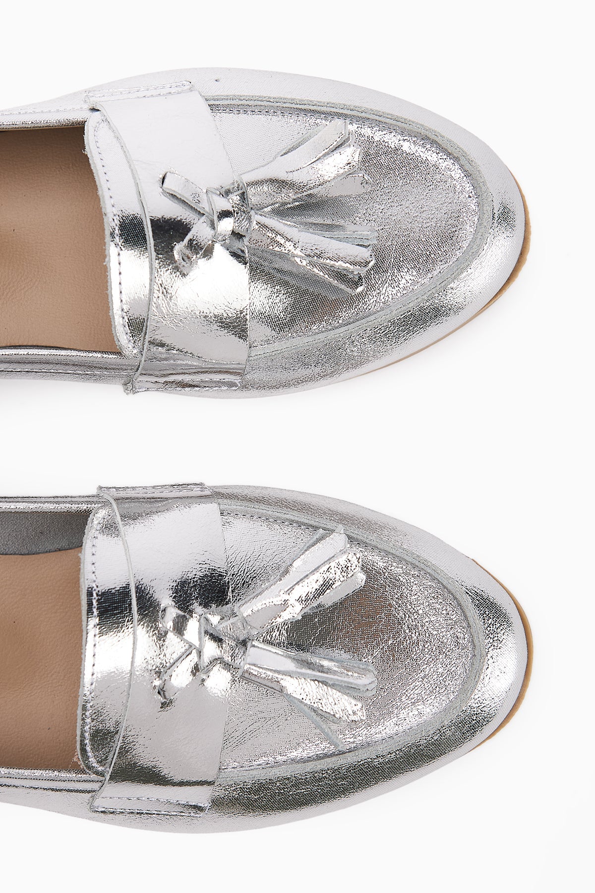 Doris Genuine Leather Metallic Silver Tasseled Women's Loafer