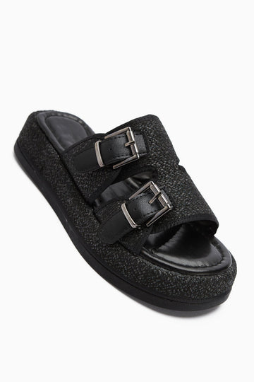 Madina Schwarz Doppelriemen Gürtel Damen Hausschuhe