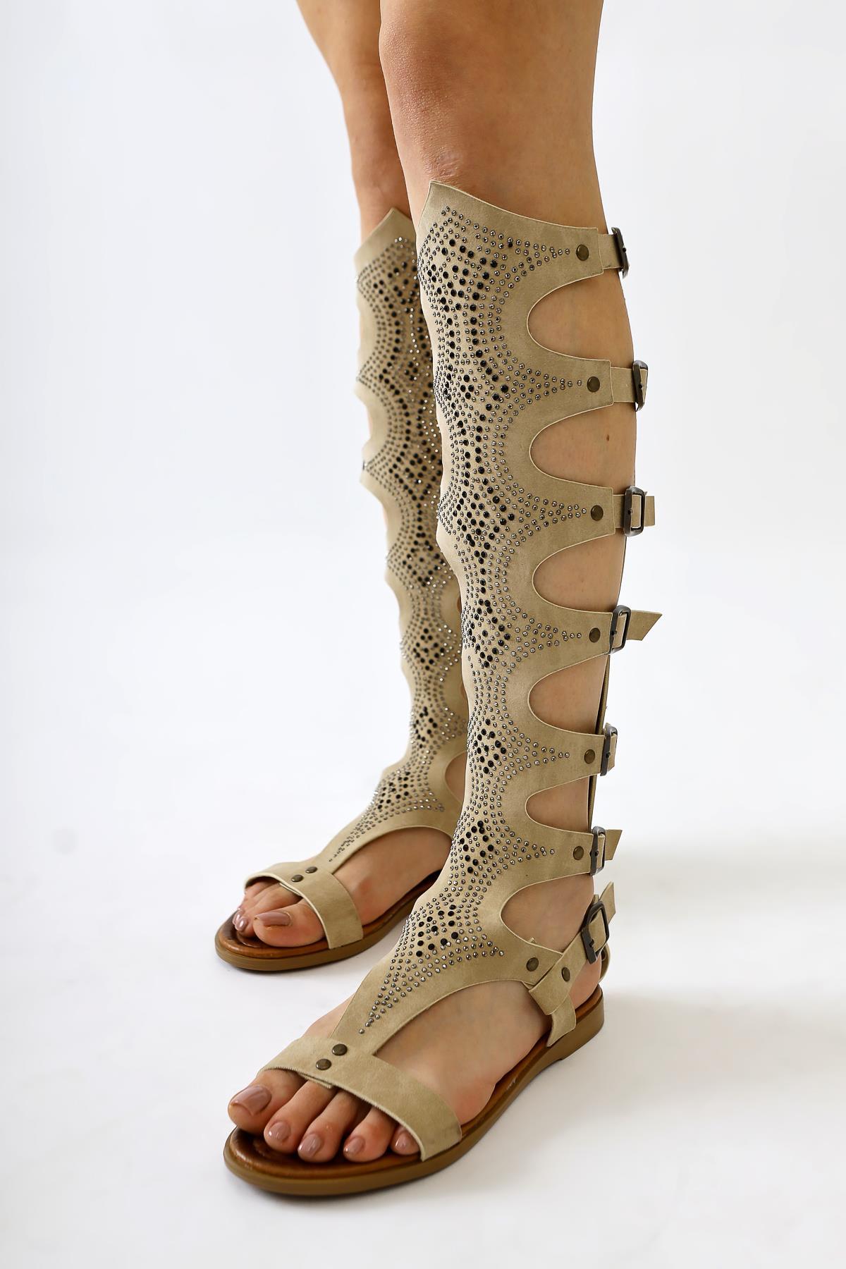 Genuine Leather Medusa Beige Stone Detailed Below Knee Gladiator Sandals