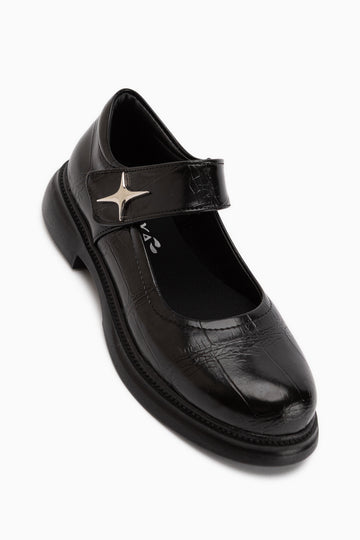 Rozalin Schwarze Krokodilriemen Dicke Sohle Damen Mary Jane Ballerinas