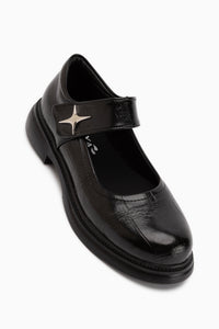 Rozalin Schwarze Krokodilriemen Dicke Sohle Damen Mary Jane Ballerinas