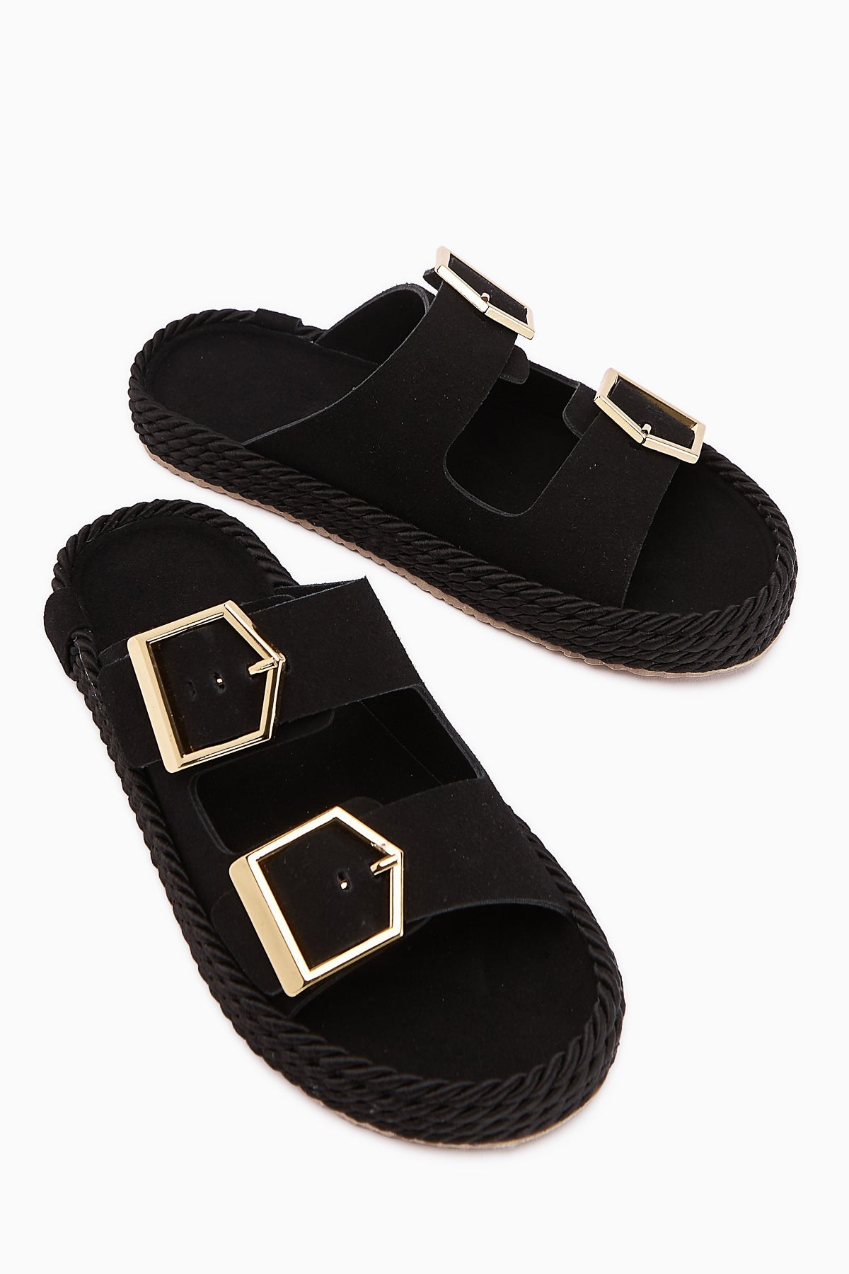 Horia Women's Double-Strap Woven Sole Slippers in Black