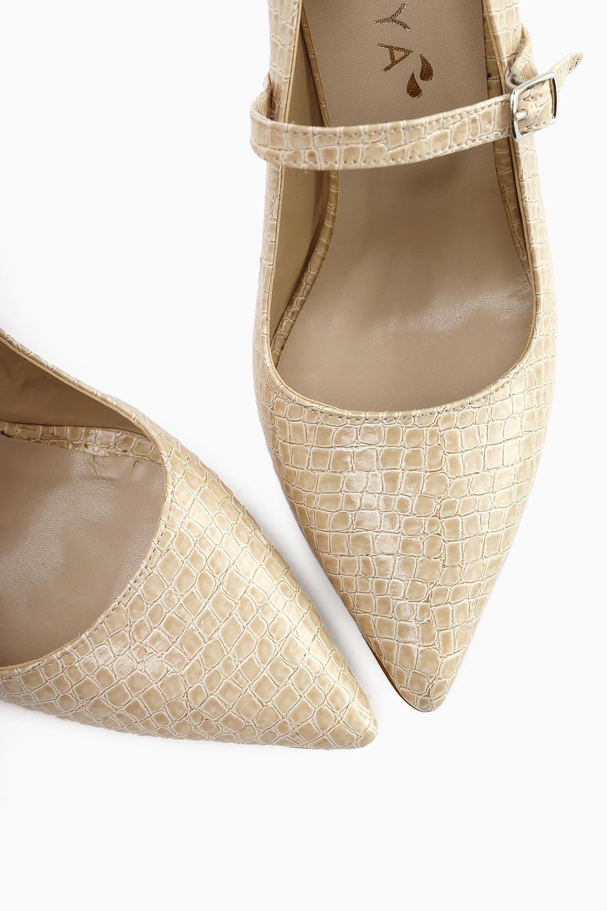 Beate – Beige Croc-Embossed Leather-Look Print Pointed-Toe Heeled Shoe (Women)
