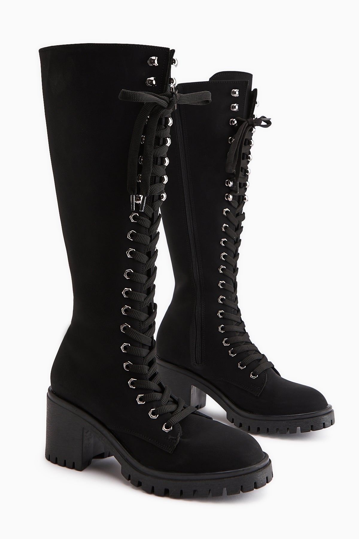 Bella Schwarze Schnür- und Reißverschluss Ovalzehen Damen Stiefel