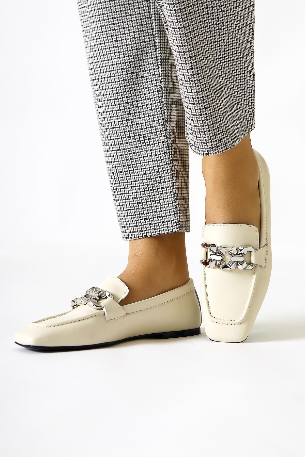 Asmin – Genuine Leather Beige Buckle-Detail Round-Toe Casual Shoe (Women)