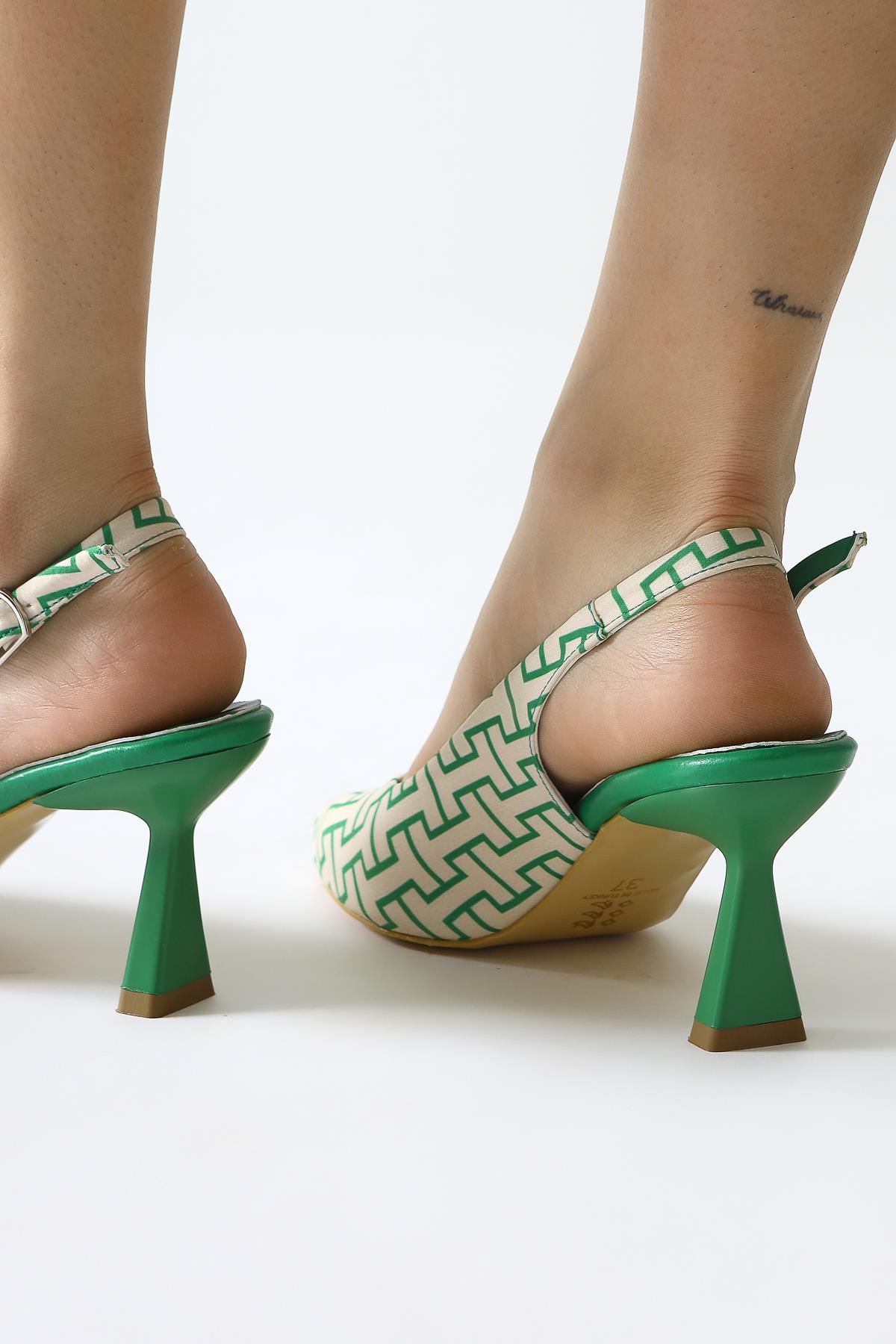 Ernesa Green Geometric Patterned High Heel Shoes