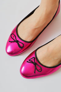 Sille Fuchsia Wrinkled Leather Bow Detailed Ballerinas