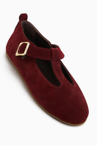 Echtes Leder Danni Bordeaux Wildleder Gürtelschnalle Damen Ballerinas